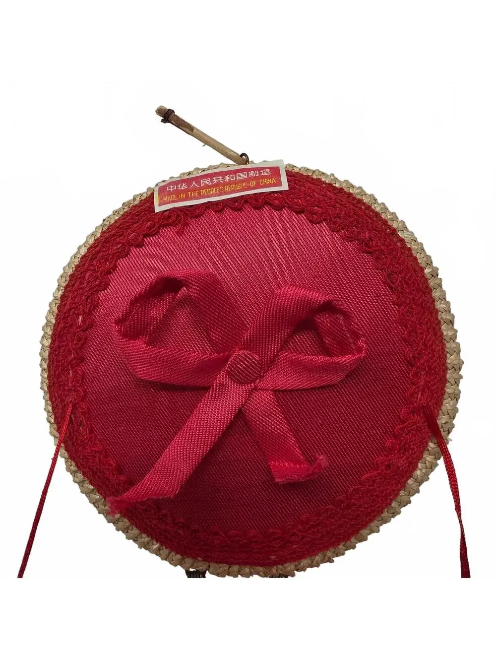 Vintage Chinese Raffia Sewing Basket Floral Lid Red Lined With Buttons